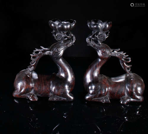 PAIR OF ZITAN CARVED DEER SHAPE CANDLE HOLDERS