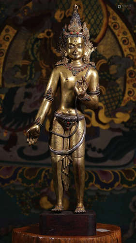 A GILT BRONZE WITH SILVER&GEM BUDDHA SHAPE STATUE