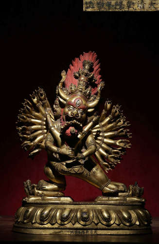 A GILT BRONZE CASTED YAMANTAKA SHAPE STATUE