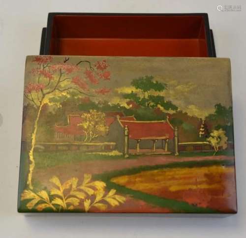 LACQUER WOOD BOX WITH TEMPLE DECORATION Vietnam, 2…