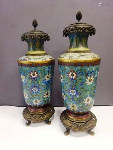 IMPORTANT PAIR OF BRONZE VASES IN BULLETIN ENAMELS…