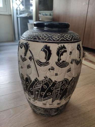 TWO GREAT VASES, one decorated with characters in …