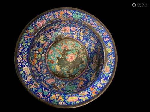 BASIN IN BRONZE AND WALL ENAMELS, with polychrome …