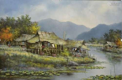 PAINTING ON CANVAS \r\n Village on Banks \r\n Signed l…