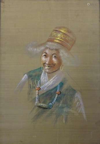 TIBET XXth century Painting on silk, elderly woman…