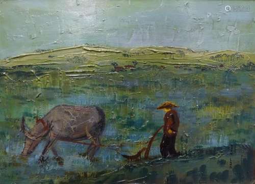 MARA TRAN LONG (1935) Peasant scene Oil on cardboa…