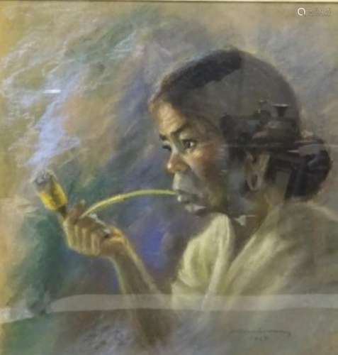 WOMAN SMOKING THE PIPE Pastel on paper Signed lowe…