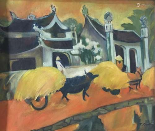 T. VINH Ox carts passing in front of houses. Oil o…