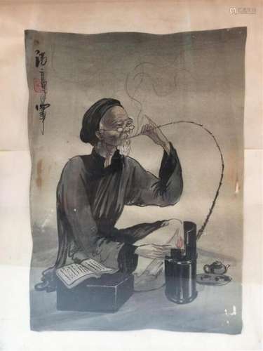 OPIUM SMOKER Silk painting Representing an old man…