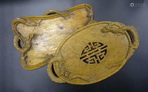 LOT OF TWO WOODEN TRAYS SCULPTED WITH DRAGONS Viet…