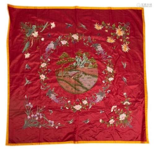 SILK PANEL BROIDER OF A PALACE AND BIRDS Vietnam /…