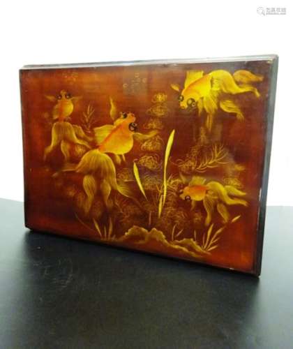 GOLD AND GOLDEN WOODEN BOX WITH GOLDEN FISH DECORA…