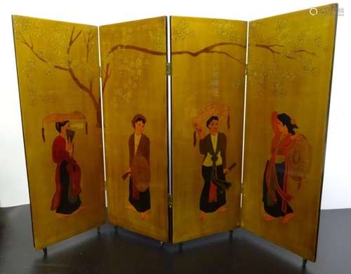 GOLDEN WOODEN PARAVENT Vietnam Four women with hat…