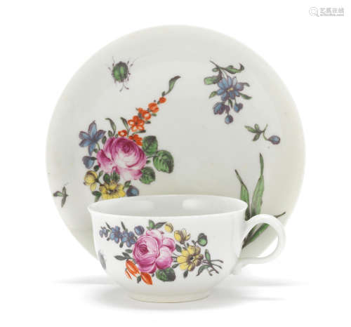 A Worcester teacup and saucer, circa 1760-65