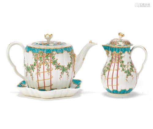 A Worcester teapot, cover and stand, milk jug and cover and a single teabowl, circa 1775