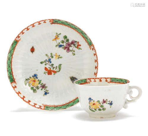 A Worcester teacup and saucer, circa 1755-56