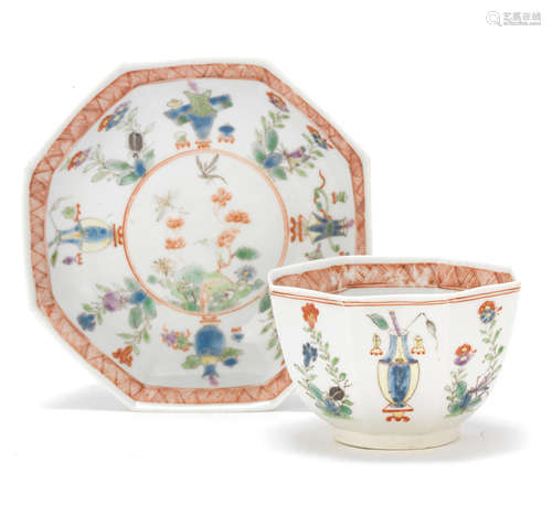 A Worcester teabowl and saucer, circa 1753-54