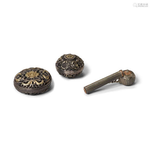 Three miniature mixed metal decorations Edo period (1615-1868), 19th century