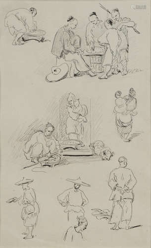 Various artists (19th/20th century) Three watercolors of Chinese scenes together with an ink and pencil sketch of Figures