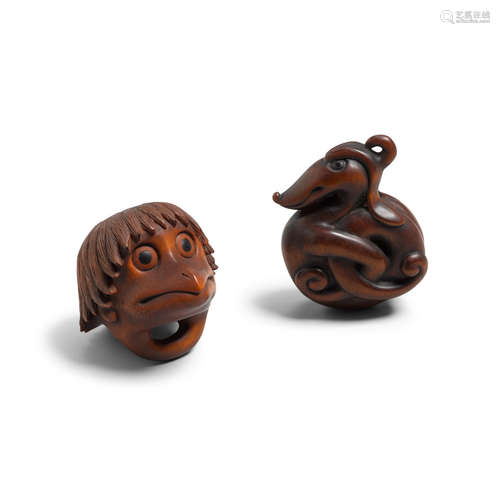 Two whimsical wood netsuke By Reigen Geijo (b. 1935)