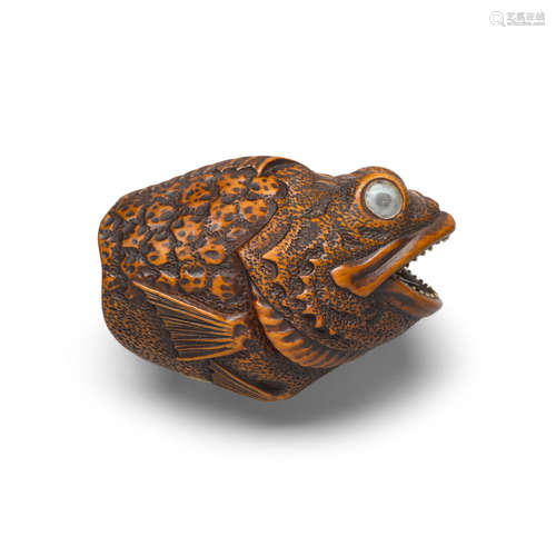 A boxwood fish head Edo period (1615-1868), mid-19th century