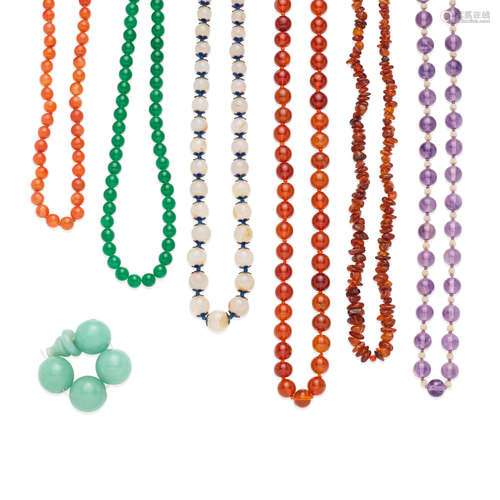 six amber, hardstone, and glass necklaces and a string of jadeite beads Qing dynasty and later