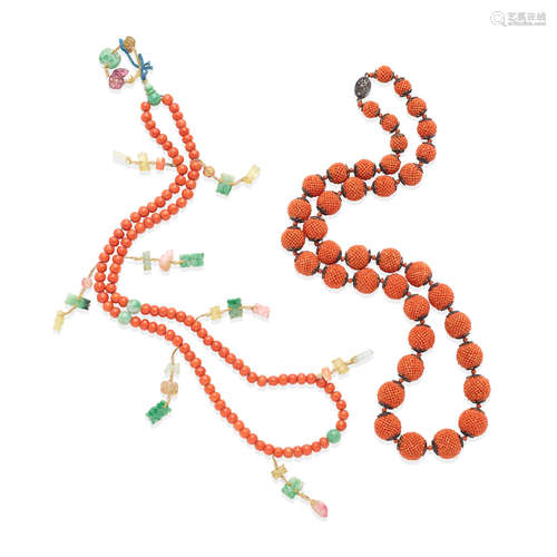 A coral bead necklace and a coral and jadeite necklace Qing dynasty elements