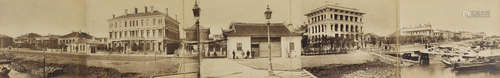 Three panoramic framed photographs of Chinese harbors circa 1870