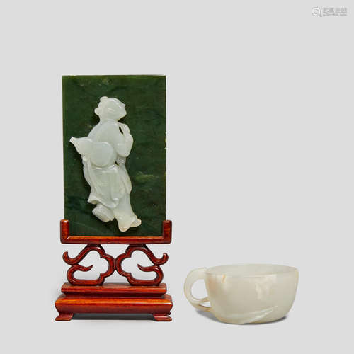 A small jade table screen and a white jade cup White jade figure applied to the table screen: 19th/early 20th century