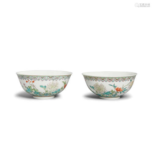 A pair of famille rose enameled porcelain bowls Hongxian marks and of the period, 1912-1916