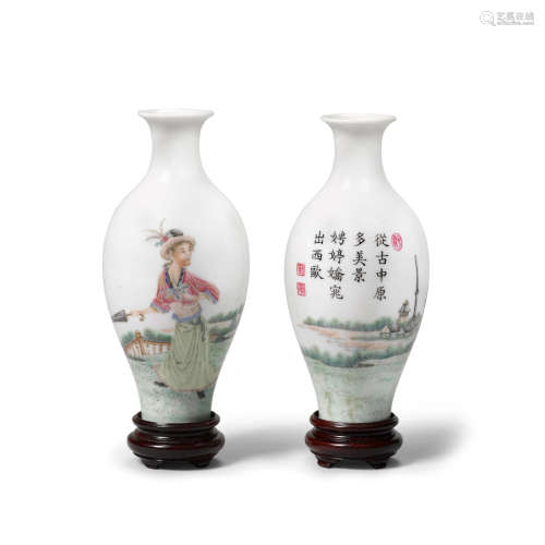A pair of miniature famille rose vases with beauties Qianlong seal mark, Republic Period or possibly later