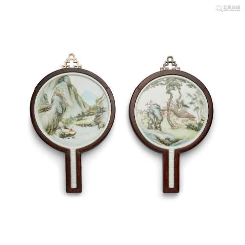 An unusual pair of famille rose enameled fan-shaped wall plaques Republic period