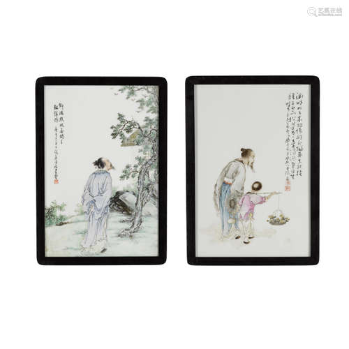 Two polychrome enameled porcelain plaques of sages Attributed to Wang Dafan and Wang Qi, Republic Period