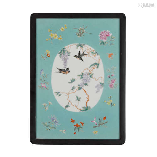 A polychrome enameled porcelain plaque of birds and flowers Late Qing/Republic period