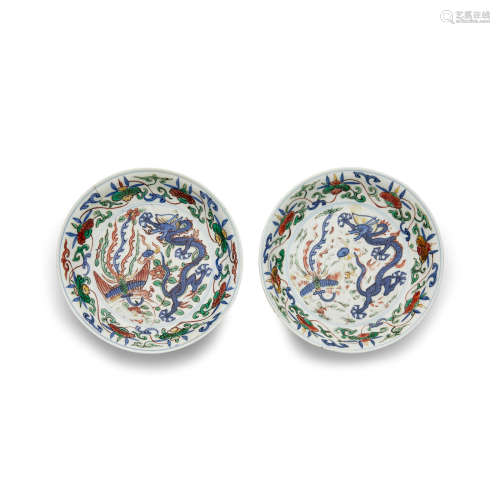 A pair of wucai porcelain dishes Wanli marks and of the period