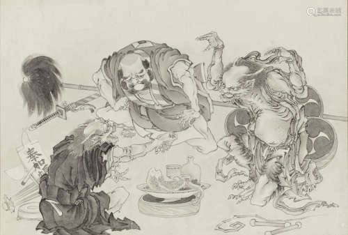 Hokusai School Raijin, Demon, and Samurai Retainer Feasting Edo period (1615-1868) or Meiji era (1868-1912), mid-late 19th century