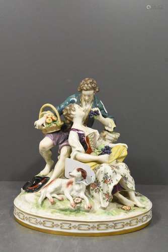 Groupe en porcelaine ' Jeune couple et leur chien