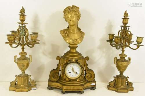 Garniture d'horloge 3 pièces avec buste doré (Ht 4…