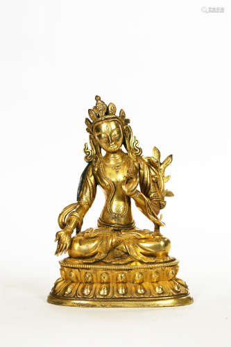 Chinese Exquisite Bronze Gold Gilded White Tara Statue
