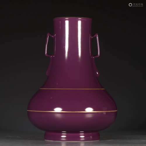 Chinese Yongzheng Period Purple Glazed Gold Painted Porcelain Binaural Bottle