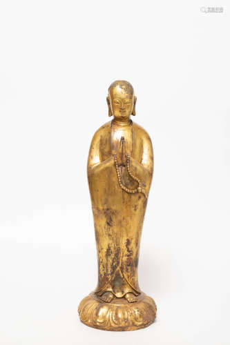 Chinese Bronze Gold Gilded Standing Luohan Buddha Statue