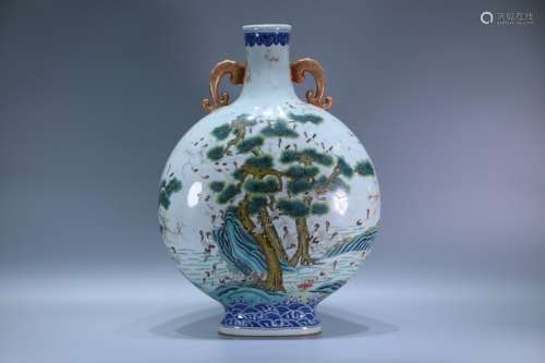 A Famille Rose CraneMoon Flask Vase, Qing-Qianlong Mark