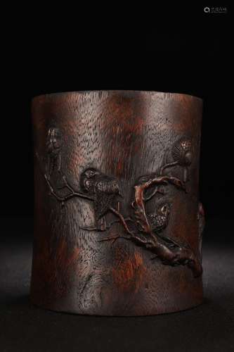 An Agarwood Flowers and Birds Poem Brush Pot