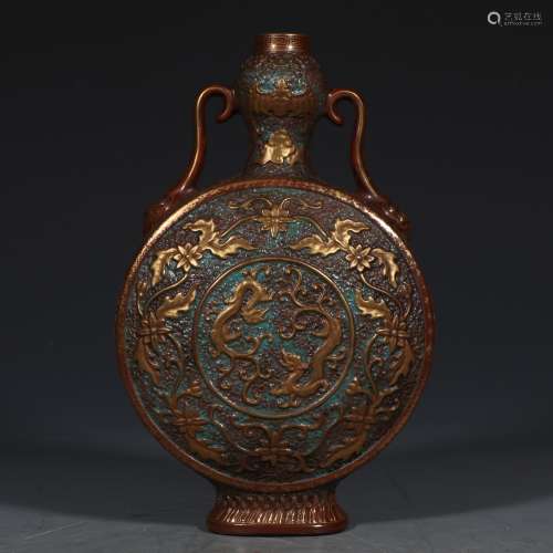 A Bronze Gilt Dragon Moon Flask Vase with Qing-Qianlong Mark