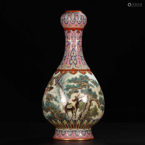 A Landscape Famille Rose Gilt Garlic Vase with Qing-Qianlong Mark