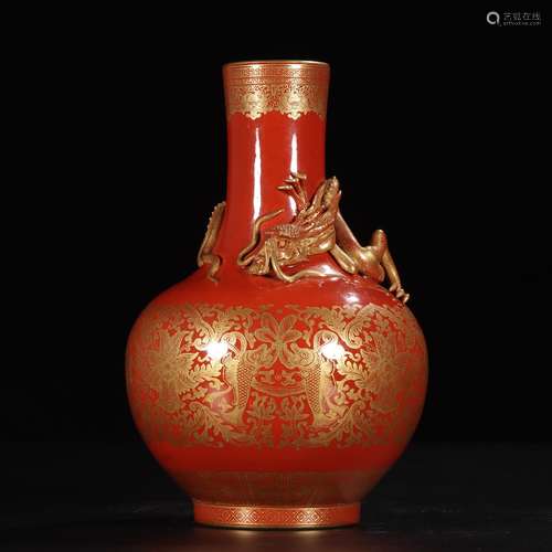 A Famille Rose Gilt Lotus Vase with Qing-Qianlong Mark