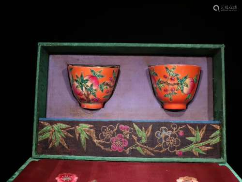 Coral Red Glazed Tea Cups