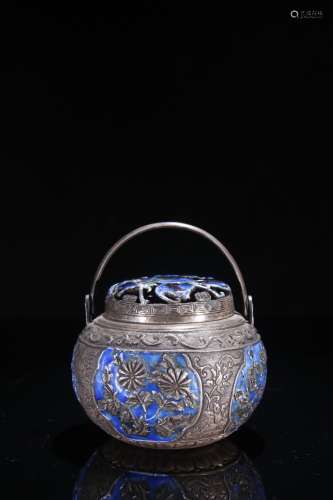 Silver Enameling Blue Loop-handled Teapot