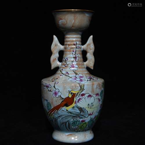 Ru Kiln Famille Rose Floral and Bird Vase