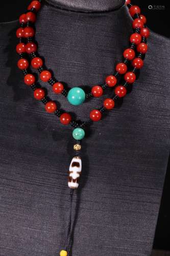 Agate Necklace with Turquoise Stones and Dzi
